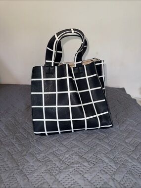 Black Grid-Print Tote with White Windowpane